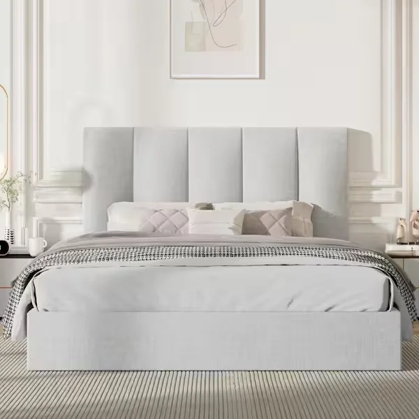 Light Grey Queen Size Linen Upholstered Platform Bed