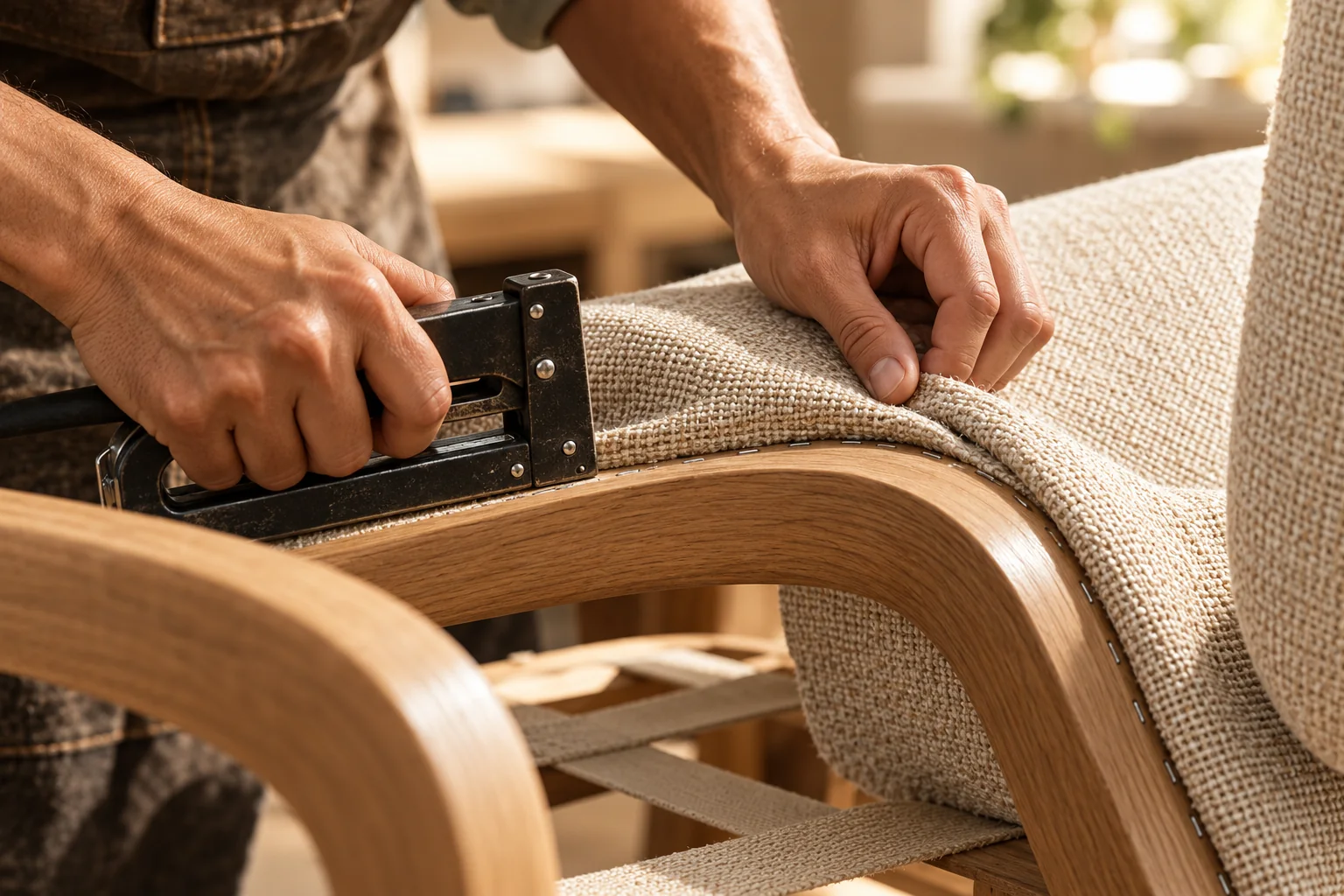 Illustration of careful upholstery work on a curved wooden chair
