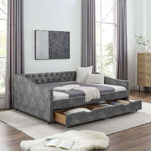 Picture of Tufted Full Daybed: Upholstered Sofa Bed with Arms & Built-in Storage