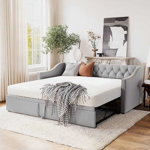 Picture of Velvet Tufted Daybed: Extendable Sofa Bed for Small Spaces & Guests