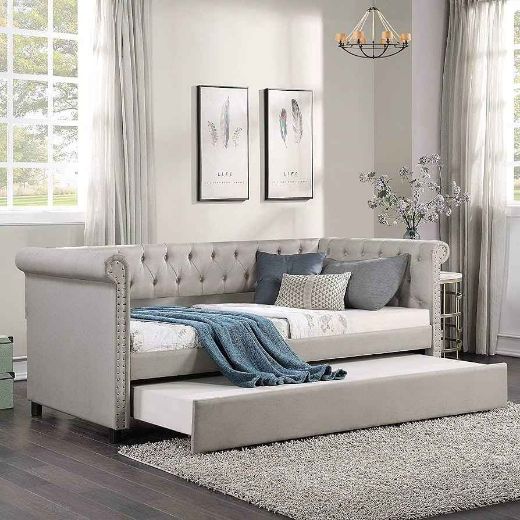Picture of Elegant Twin Daybed & Sofa Cum Bed with Pull-Out Trundle - Linen Fabric & Nailhead Trim