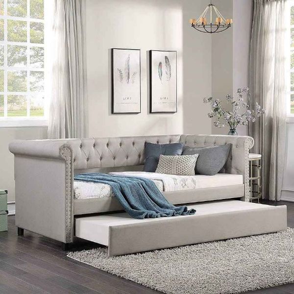 Show details for Elegant Twin Daybed & Sofa Cum Bed with Pull-Out Trundle - Linen Fabric & Nailhead Trim Picture of Elegant Twin Daybed & Sofa Cum Bed with Pull-Out Trundle - Linen Fabric & Nailhead Trim