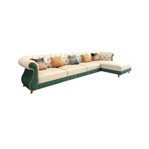 Picture of Spacious 126" Beige & Green Faux Leather Sectional Sofa | Right Chaise L-Shaped Couch for Living Room - A&OLS14