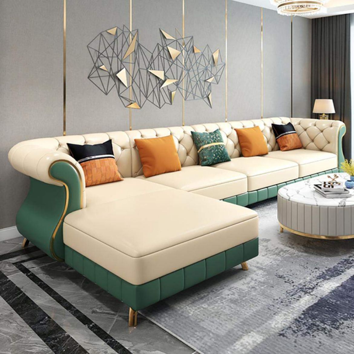 Picture of Spacious 126" Beige & Green Faux Leather Sectional Sofa | Right Chaise L-Shaped Couch for Living Room - A&OLS14