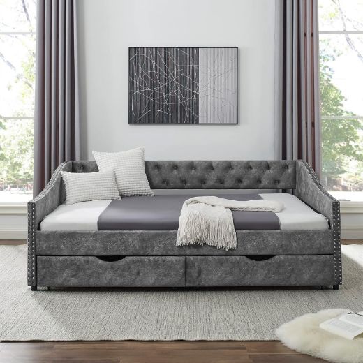 Picture of Tufted Full Daybed: Upholstered Sofa Bed with Arms & Built-in Storage