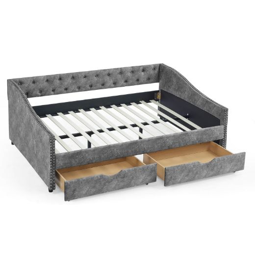 Picture of Tufted Full Daybed: Upholstered Sofa Bed with Arms & Built-in Storage