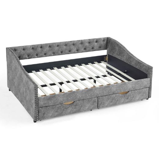 Picture of Tufted Full Daybed: Upholstered Sofa Bed with Arms & Built-in Storage