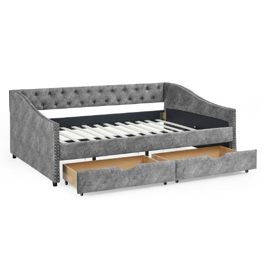 Picture of Tufted Full Daybed: Upholstered Sofa Bed with Arms & Built-in Storage