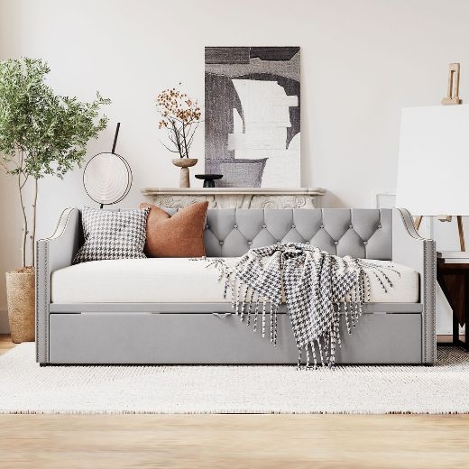 Picture of Velvet Tufted Daybed: Extendable Sofa Bed for Small Spaces & Guests