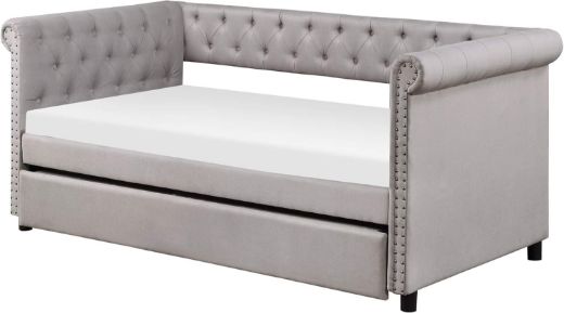 Picture of Elegant Twin Daybed & Sofa Cum Bed with Pull-Out Trundle - Linen Fabric & Nailhead Trim
