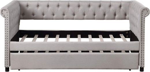 Picture of Elegant Twin Daybed & Sofa Cum Bed with Pull-Out Trundle - Linen Fabric & Nailhead Trim
