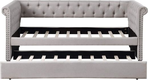 Picture of Elegant Twin Daybed & Sofa Cum Bed with Pull-Out Trundle - Linen Fabric & Nailhead Trim