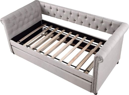 Picture of Elegant Twin Daybed & Sofa Cum Bed with Pull-Out Trundle - Linen Fabric & Nailhead Trim