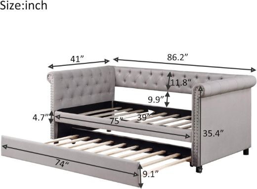 Picture of Elegant Twin Daybed & Sofa Cum Bed with Pull-Out Trundle - Linen Fabric & Nailhead Trim
