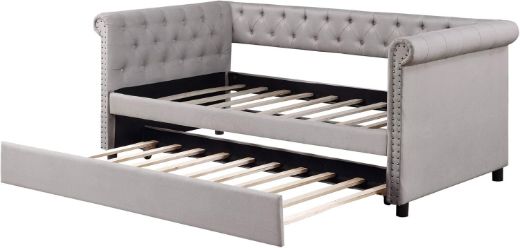 Picture of Elegant Twin Daybed & Sofa Cum Bed with Pull-Out Trundle - Linen Fabric & Nailhead Trim