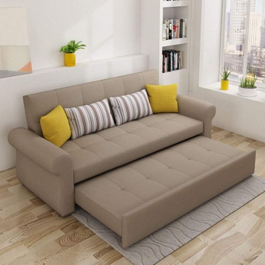 Picture of Space-Saving Sofa Cum Bed: Brown Linen Convertible with Adjustable Length & Storage