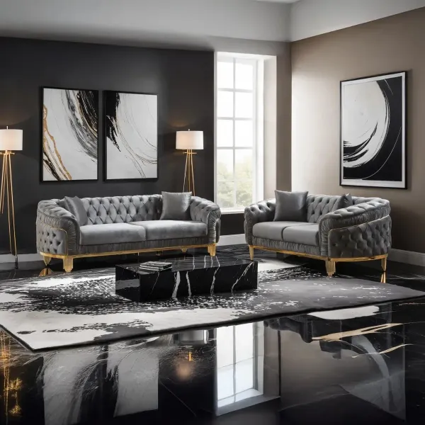 Show details for 3 Piece Sofa Set: Luxurious Gray Velvet Sofa, Loveseat & Chair with Golden Legs for Modern Elegant Living Rooms Picture of 3 Piece Sofa Set: Luxurious Gray Velvet Sofa, Loveseat & Chair with Golden Legs for Modern Elegant Living Rooms
