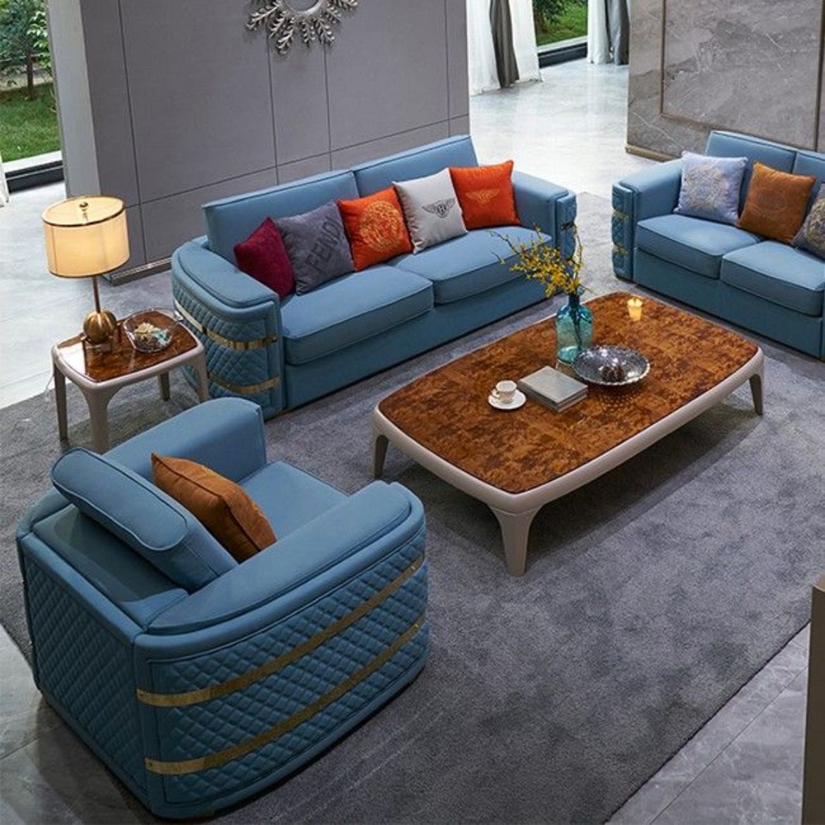 Picture of Luxury Sky Blue 3-Seater Sofa Set: Royal Modern Design with Golden Steel Frame, Premium Upholstery, and Birch Wood, Ideal for High-End Living Rooms, Bar Clubs, and VIP Spaces
