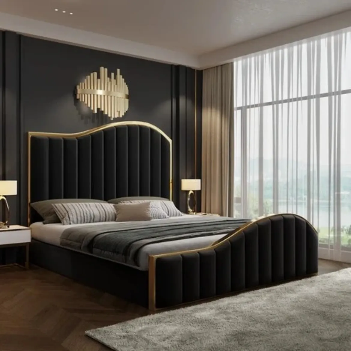 Picture of Velvet Bed: Queen Size with Polished Gold Metal Frame & Wavy Design