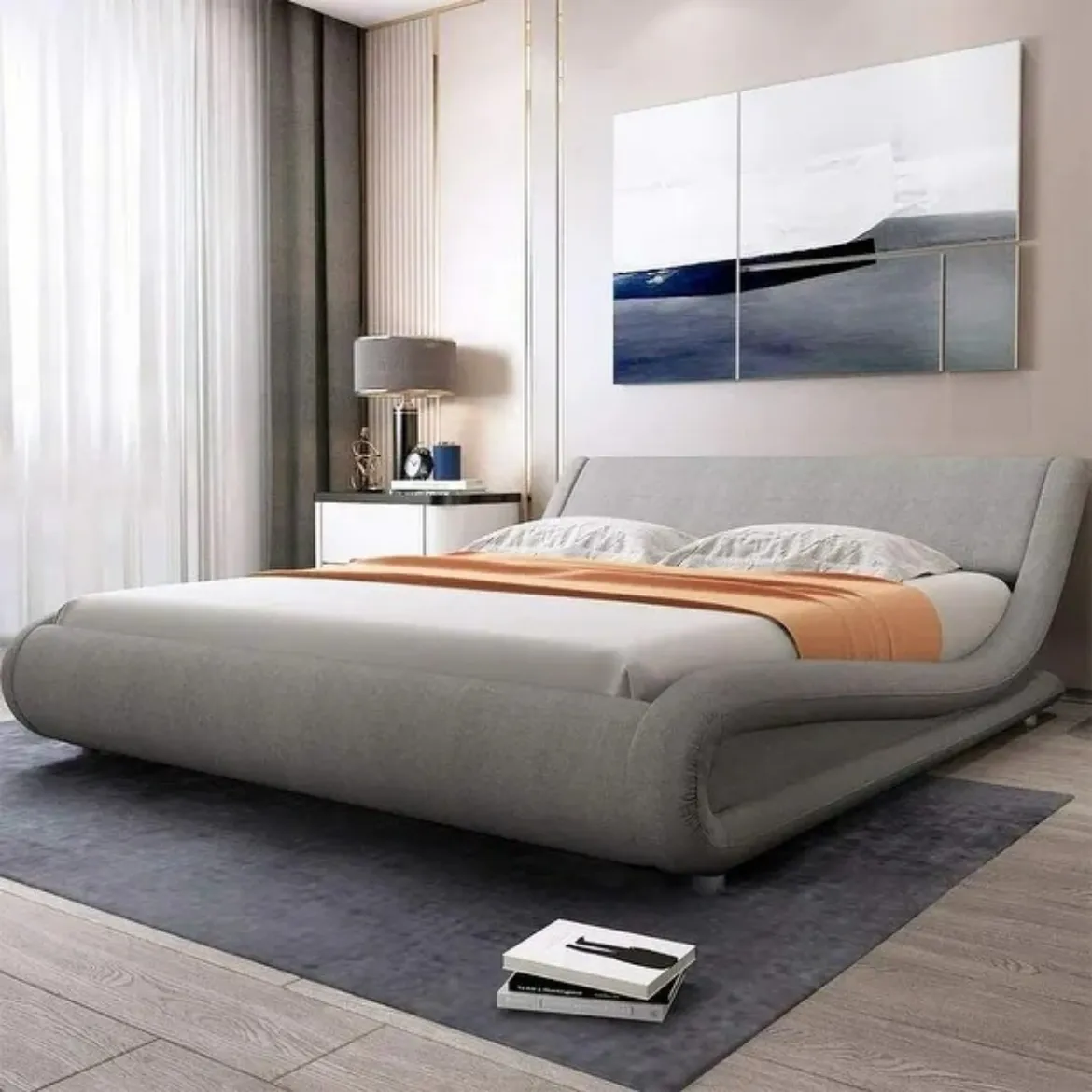 Picture of Full Size Bed Frame: White Faux Leather Upholstered Platform Bed with Curved Adjustable Headboard