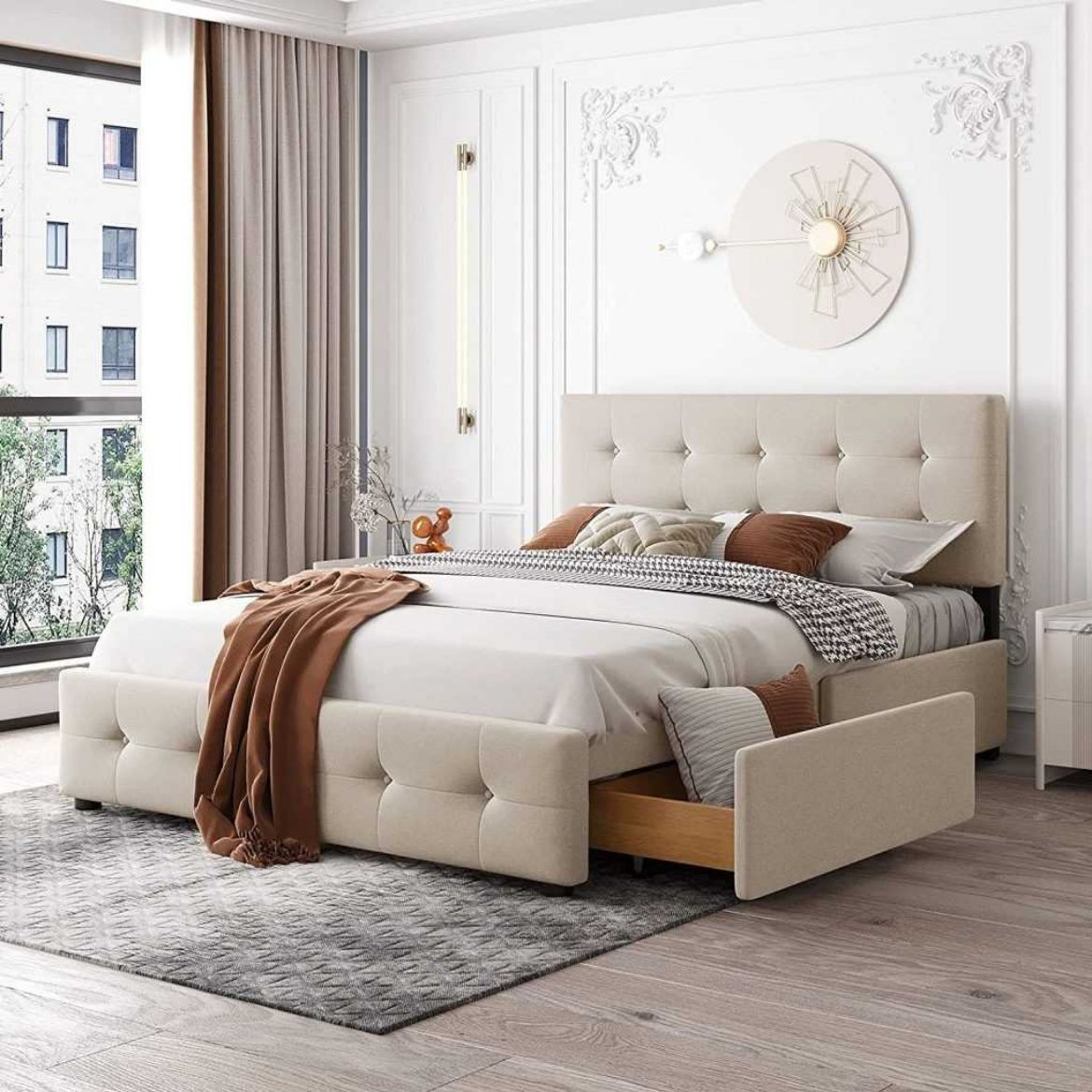 Picture of Queen Size Upholstered Platform Bed: Classic Headboard, 4 Drawers, Linen Fabric