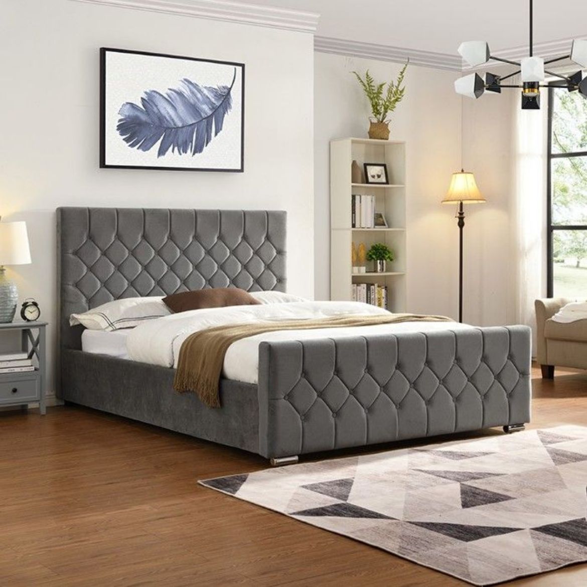 Picture of Double Bed: Grey Modern Luxury Fabric with Diamond Pattern & Metallic Feet