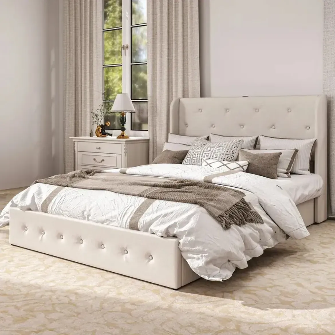 Picture of Modern Queen Size Upholstered Lift Up Storage Bed: Charging Station & Safe Lock (Beige)