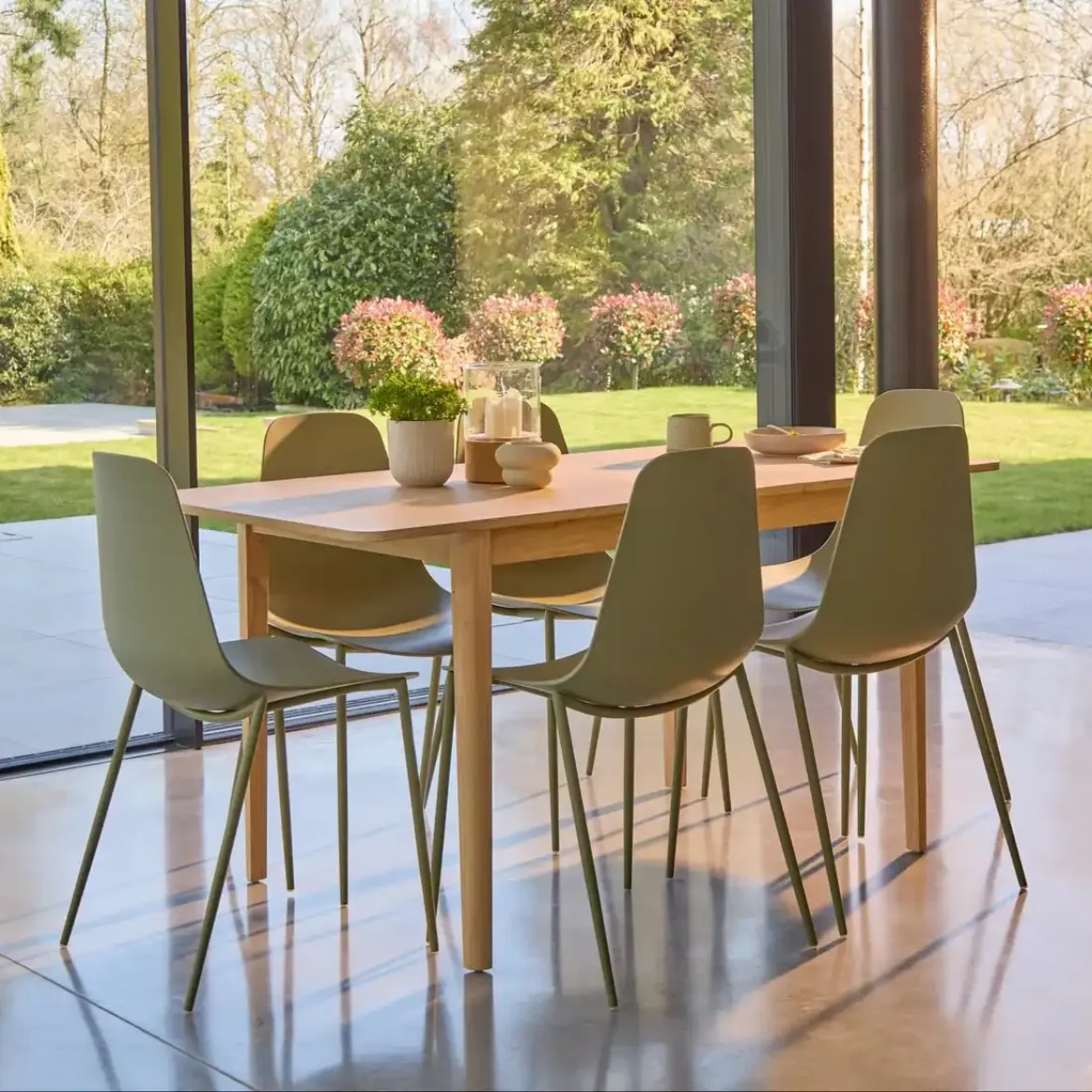 Picture of Extending Dining Set: 6-Seater Whitewash Oak Table with Olive Green Wren Chairs