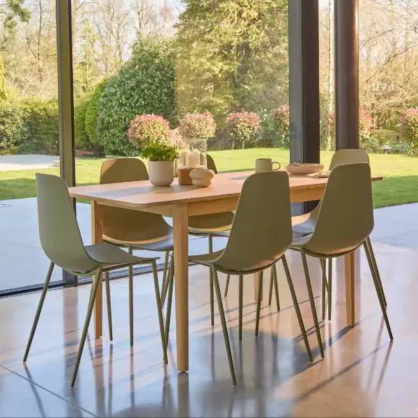 Show details for Extending Dining Set: 6-Seater Whitewash Oak Table with Olive Green Wren Chairs Picture of Extending Dining Set: 6-Seater Whitewash Oak Table with Olive Green Wren Chairs