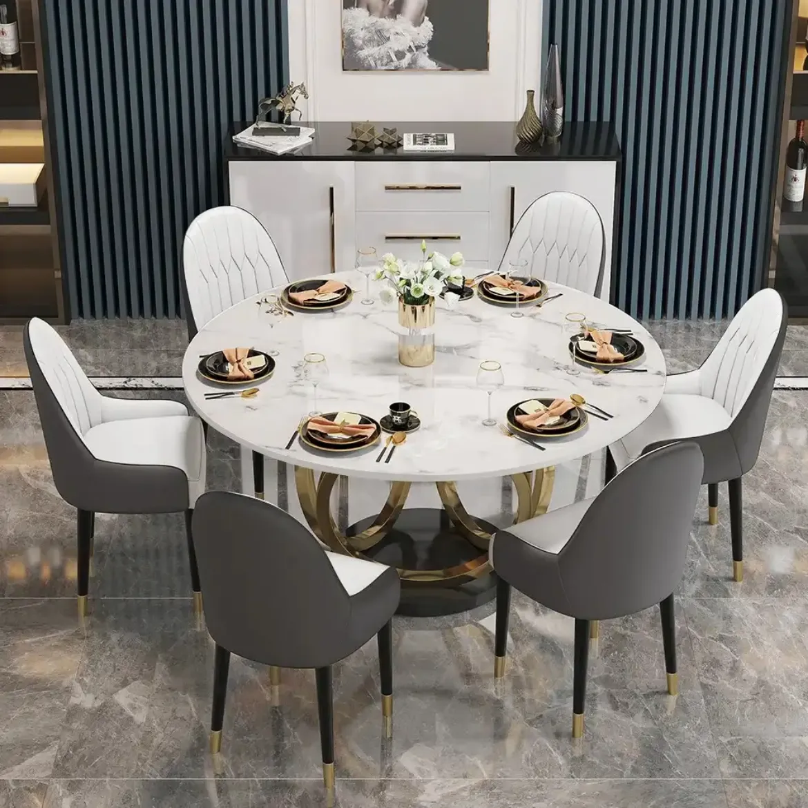 Picture of Modern 53" Round Dining Table: White Faux Marble Top, Gold & Black Pedestal (6 Person)