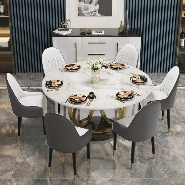 Show details for Modern 53" Round Dining Table: White Faux Marble Top, Gold & Black Pedestal (6 Person) Picture of Modern 53" Round Dining Table: White Faux Marble Top, Gold & Black Pedestal (6 Person)