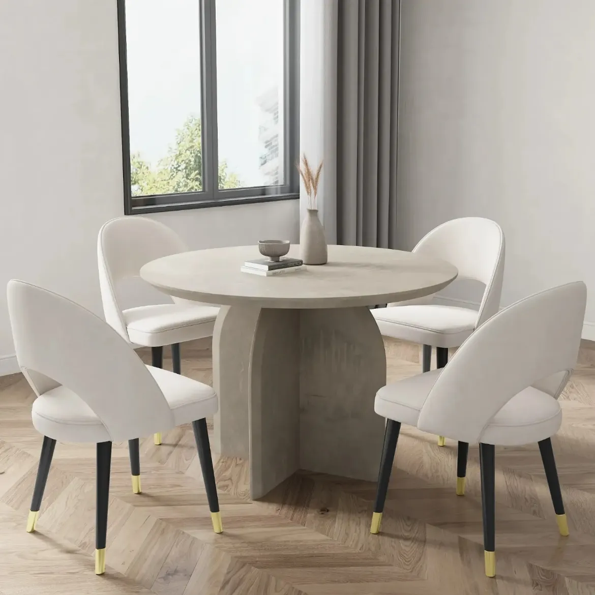 Picture of Modern 39" Round Dining Set: Pinewood Table & 4 Light Grey Velvet Chairs