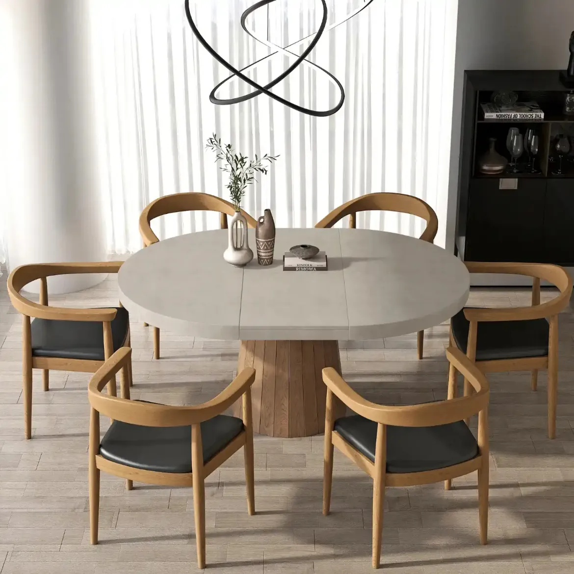 Picture of Modern Extendable Dining Table: Grey Faux Marble Top, Walnut Pedestal (Round to Oval, 4-6 Person)