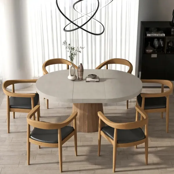 Show details for Modern Extendable Dining Table: Grey Faux Marble Top, Walnut Pedestal (Round to Oval, 4-6 Person) Picture of Modern Extendable Dining Table: Grey Faux Marble Top, Walnut Pedestal (Round to Oval, 4-6 Person)
