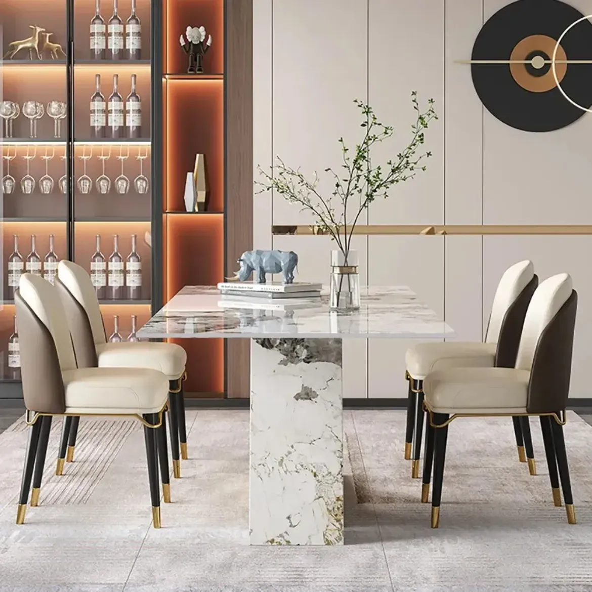 Picture of Modern Rectangle Stone Top Dining Table: 6-Seater, Gold Stainless Steel Z-Base