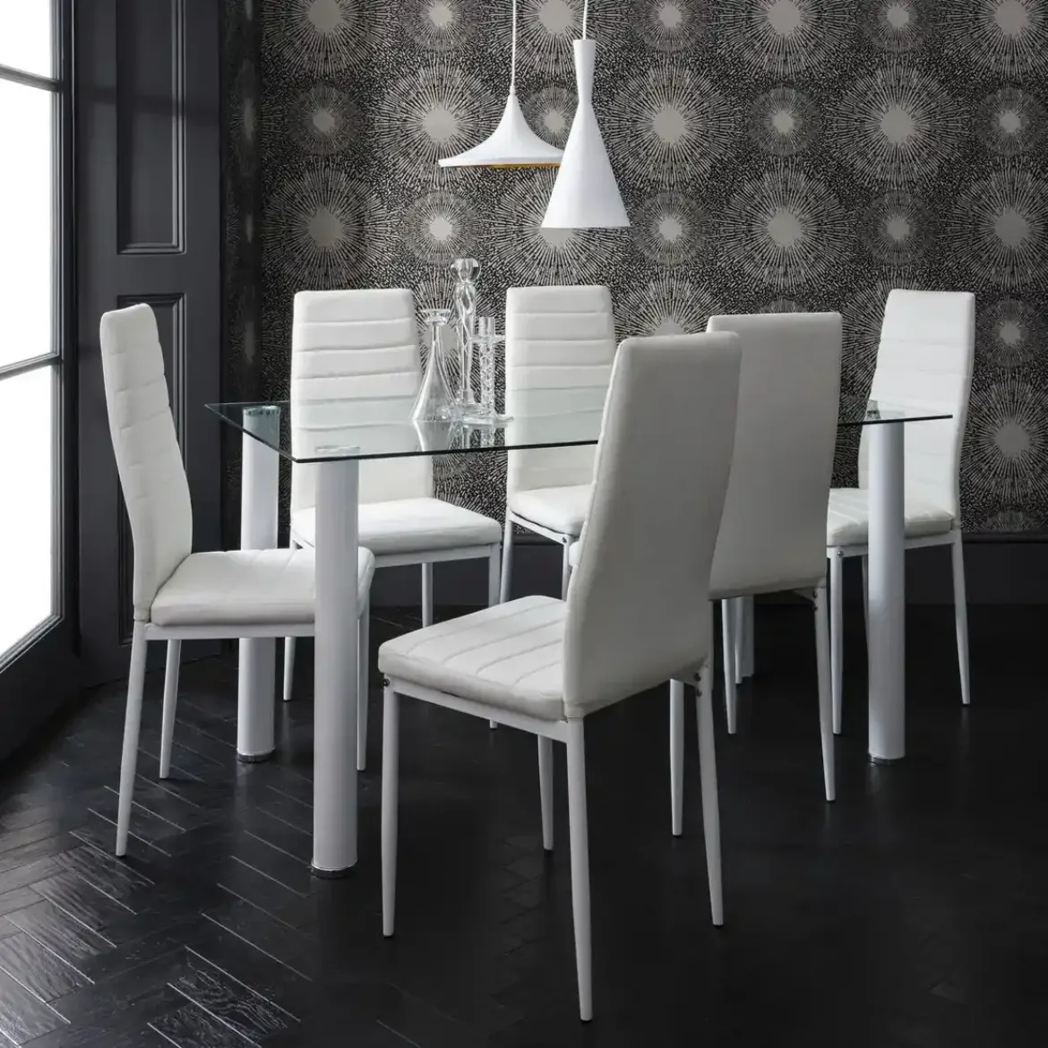Picture of Glass Dining Set: 6-Seater White Table & Faux Leather Chairs