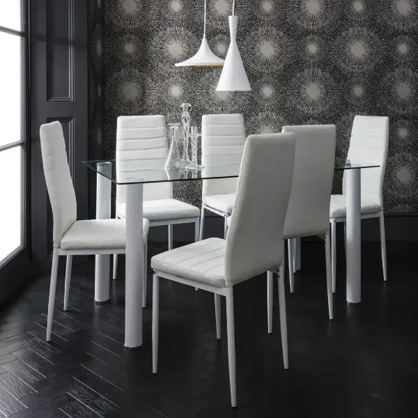 Show details for Glass Dining Set: 6-Seater White Table & Faux Leather Chairs Picture of Glass Dining Set: 6-Seater White Table & Faux Leather Chairs