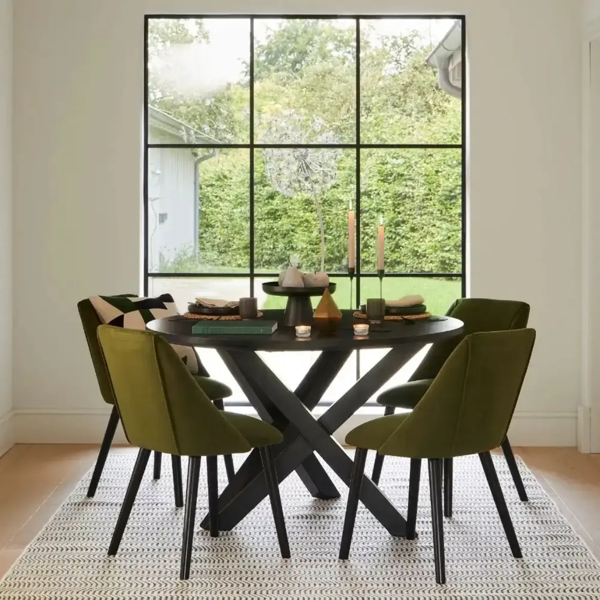 Picture of Black Round Dining Set: 4-Seater Table & Fern Green Velvet Chairs