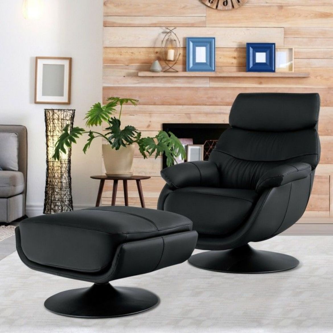 Picture of Reclining Chair with Ottoman: 360° Swivel, Rocking, Black Full-Grain Cowhide