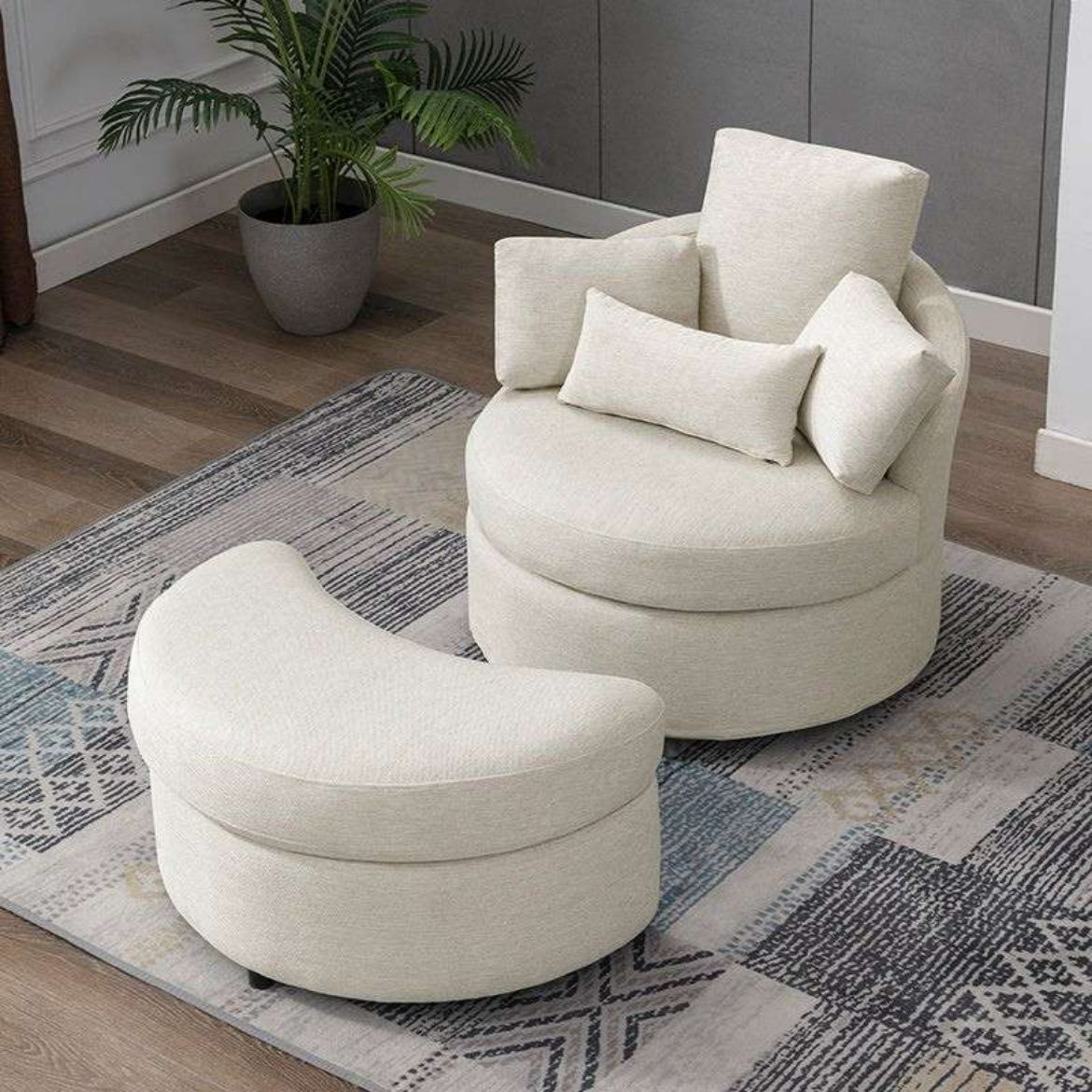 Picture of Modern Swivel Accent Barrel Chair with Half-Moon Storage Ottoman (Beige Linen)