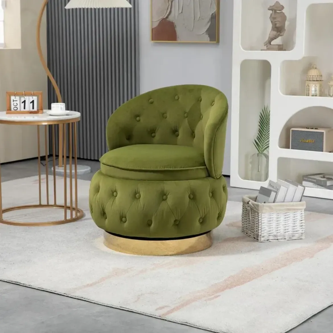 Picture of Modern Swivel Barrel Accent Chair: Velvet, Storage, Olive Green