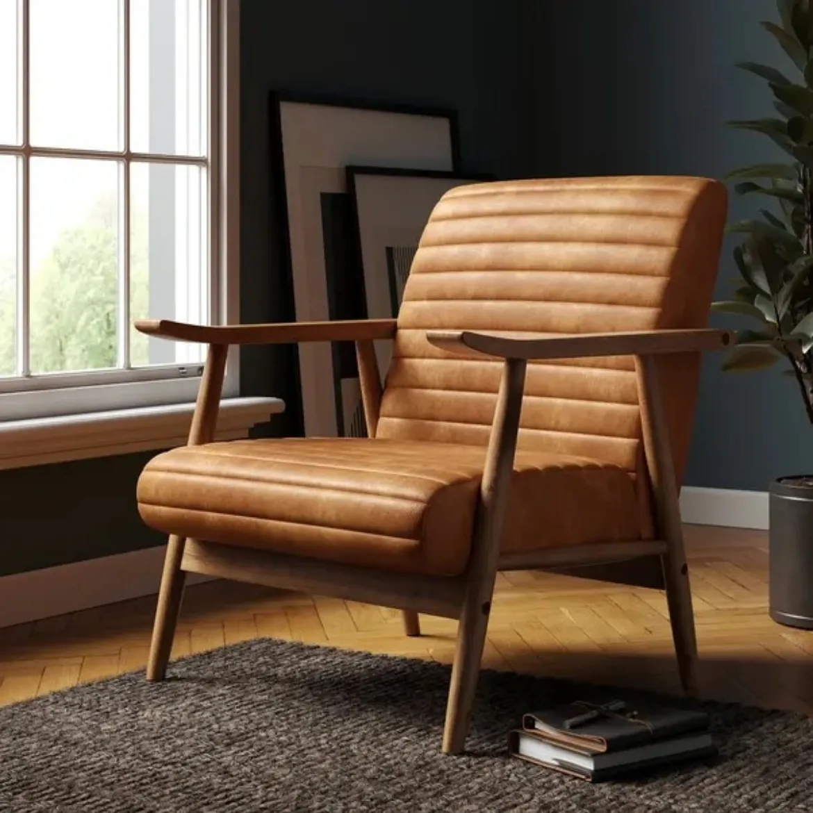 Picture of Tan Faux Leather Accent Chair: Wooden Arms, Rubber Wood Frame