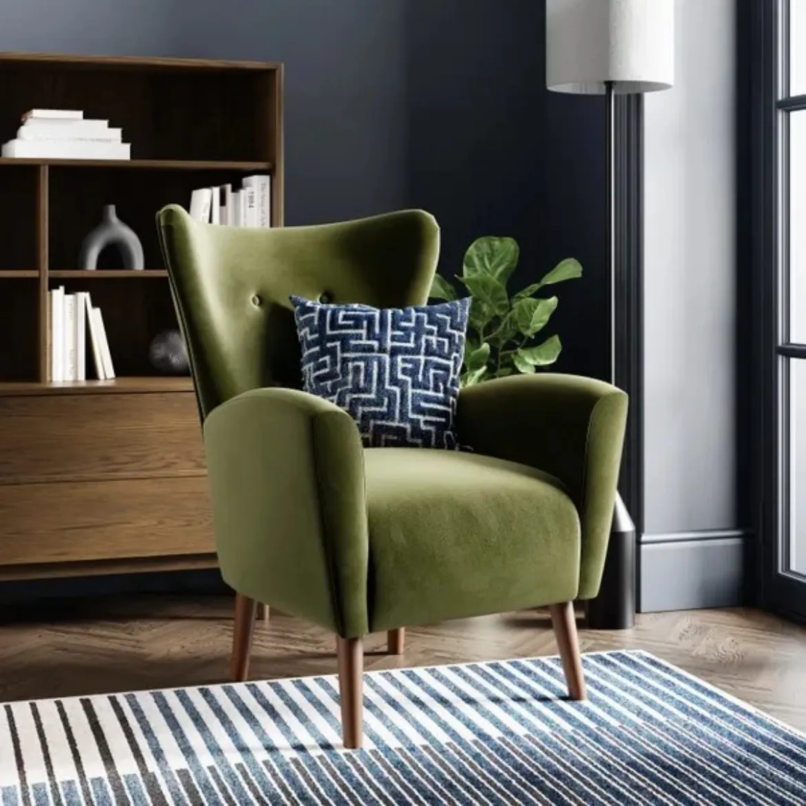 Picture of Modern Wing Chair: Velvet Olive, Plush Recycled Velvet Upholstery