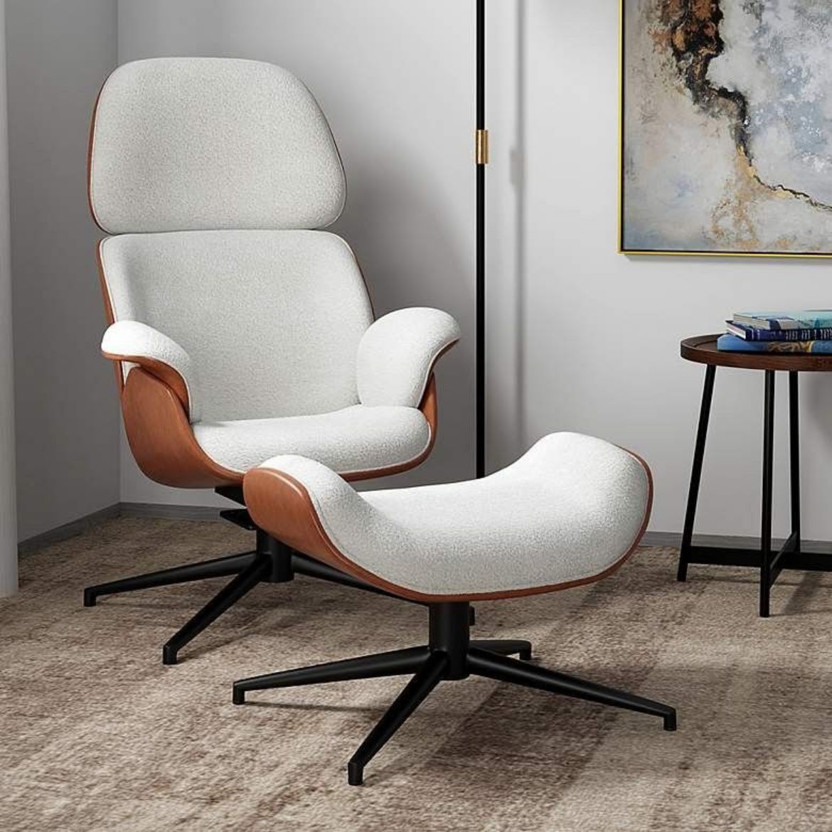 Picture of Swivel Lounge Chair: Brown Leatherette, Ivory Fabric & Auto-Return