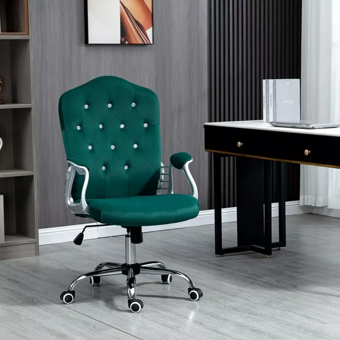 Picture of Dark Green Velvet Office Chair: Tufted Back, Adjustable Height & Tilt