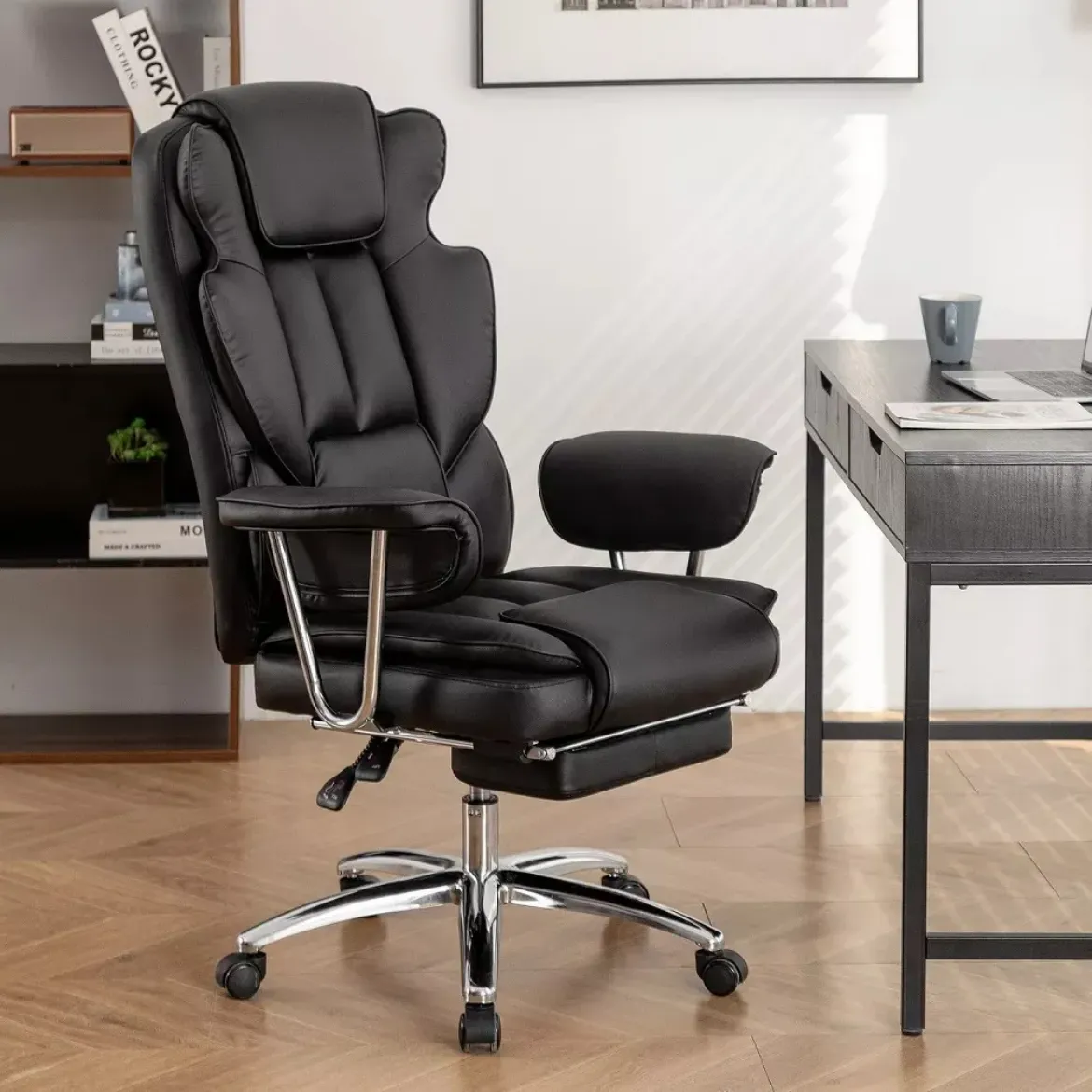 Picture of Black Bonded Leather Office Recliner: High Back, Swivel, Footrest, 500lbs Capacity
