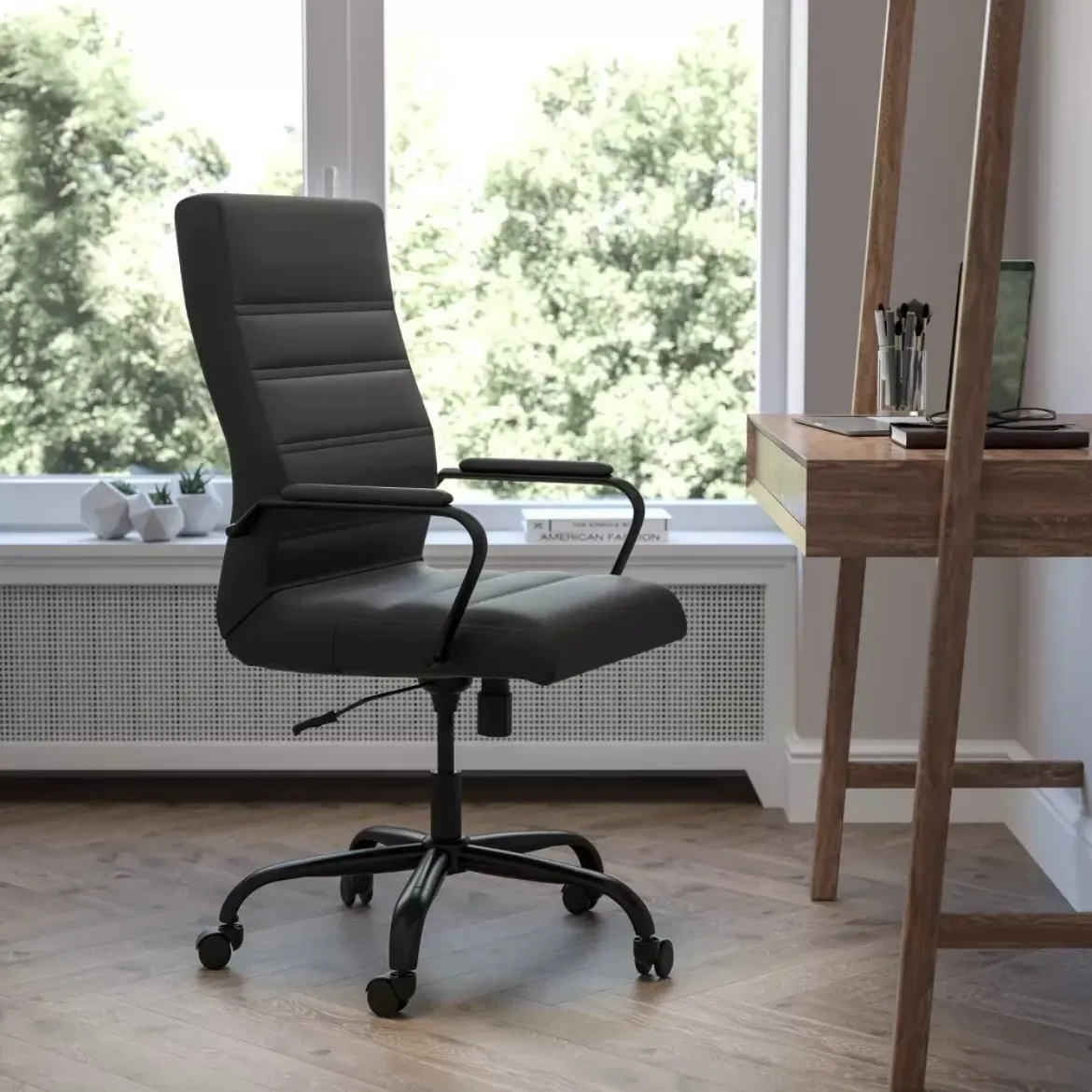 Picture of Black LeatherSoft Swivel Office Chair: High Back, Ergonomic, Chrome Frame
