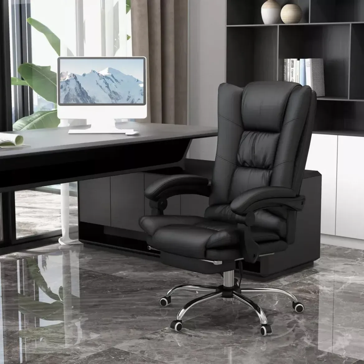 Picture of Executive Massage Office Chair: Black Faux Leather, Heat, Recline, Footrest