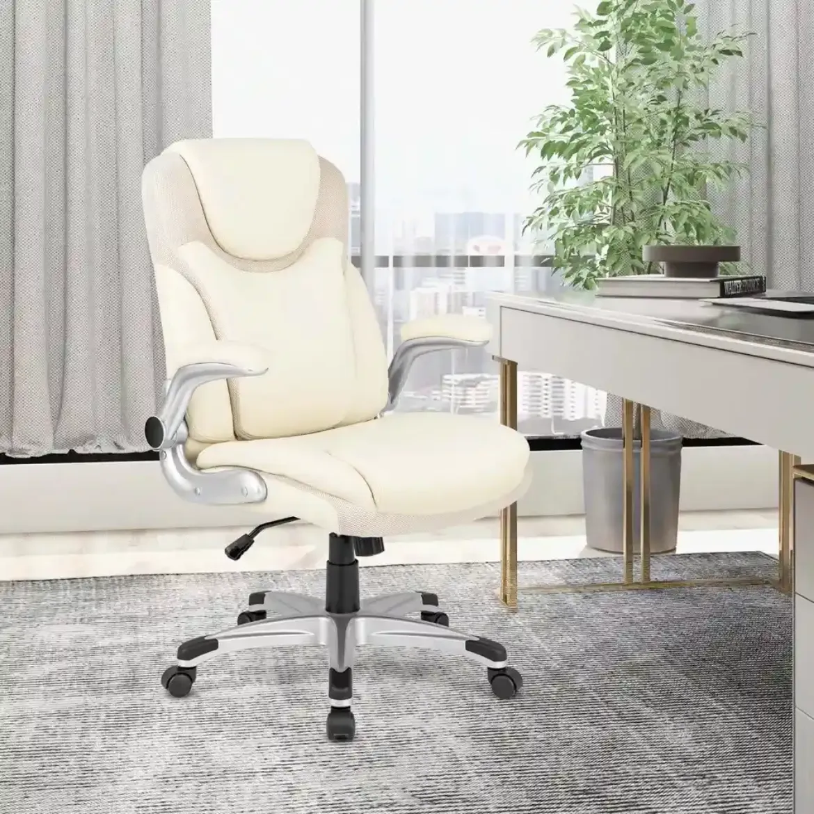 Picture of White PU Leather Executive Office Chair: Adjustable, Rocking, Flip-Up Arms