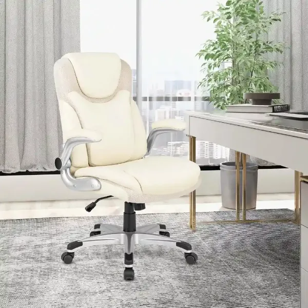 Show details for White PU Leather Executive Office Chair: Adjustable, Rocking, Flip-Up Arms Picture of White PU Leather Executive Office Chair: Adjustable, Rocking, Flip-Up Arms